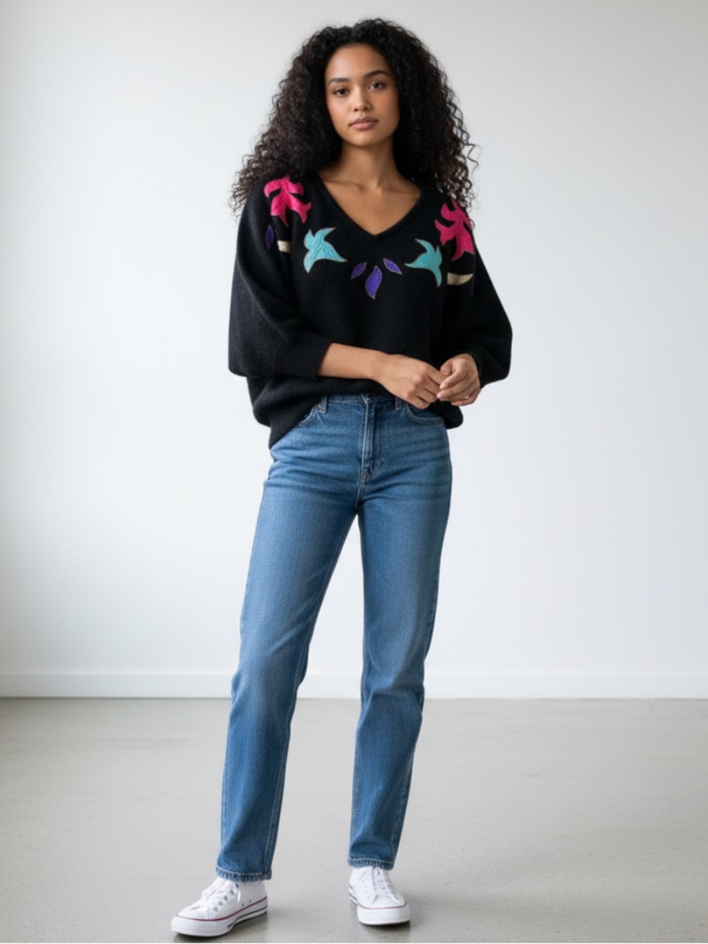 Koret Vintage Black V-Neck Bat Wing Sweater with Colorful Appliqué 1980’s Retro
